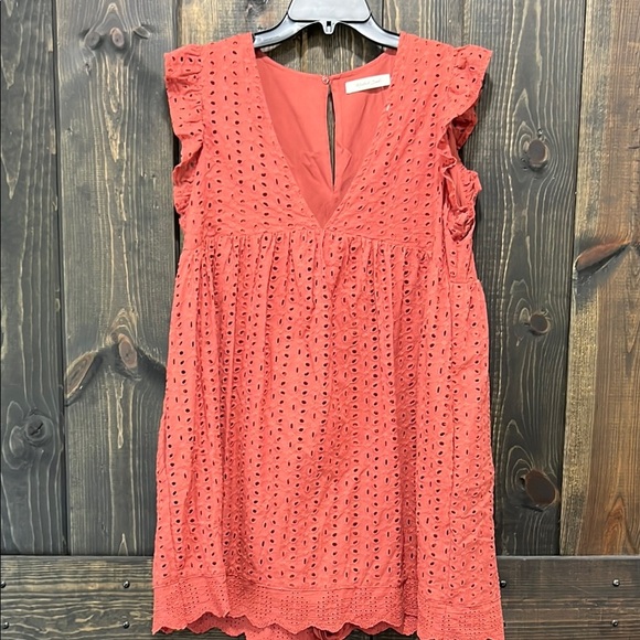 Mustard Seed Eyelet Romper L Coral Red Dress Ruffles Boho Lace Shorts Cap Sleeve - Picture 1 of 9
